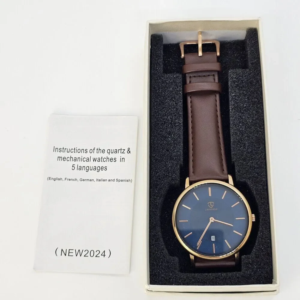 Men's Watch 40MM Gold Case Blue Dial Brown Leather Band‎ Straps Date Indicator